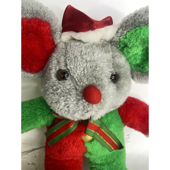 Plush Christmas Mouse Wearing Red Scarf and Hat, Soft Toy  Vintage Christmas Mouse Plush Stuffed Animal Toy Red Green Gray with Santa Hat